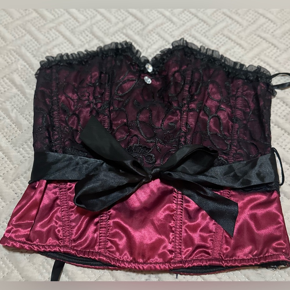 Women’s COQUETTE Pink‎ Black Corset Ribbon Costume Play Size Large.